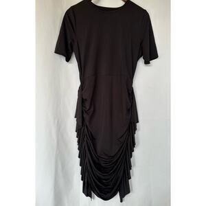 Semi-Formal black dress, short sleeve, stretchy with side ruching.